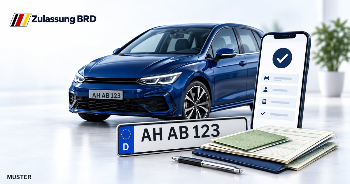 Online Fahrzeugzulassung in Vreden: Musterkennzeichen AH AB 123, Auto und Fahrzeugpapiere und Smartphone. Illustration mit Logo von Zulassung BRD.